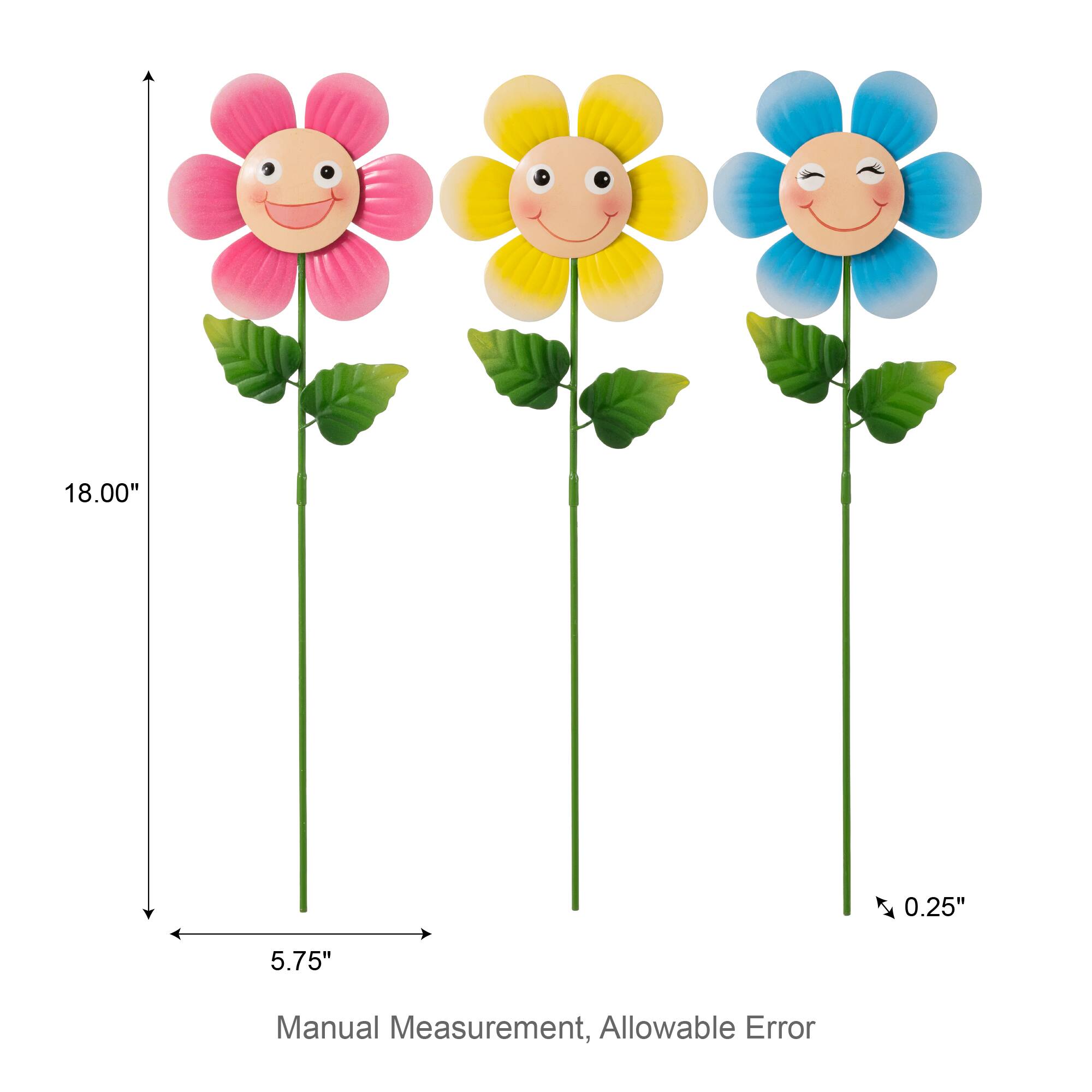Glitzhome® 18" 2-in-1 Set of 3 Painted Metal Happy Face Flower Garden Picks & Wall Decor